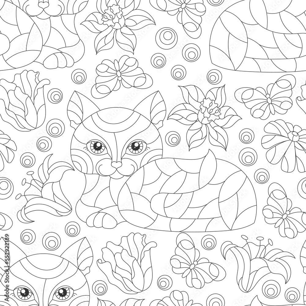 Seamless pattern with contour cats and flowers in stained glass style, dark outlines on a white background Seamless pattern with contour cats and flowers in stained glass style, dark outlines on a white background