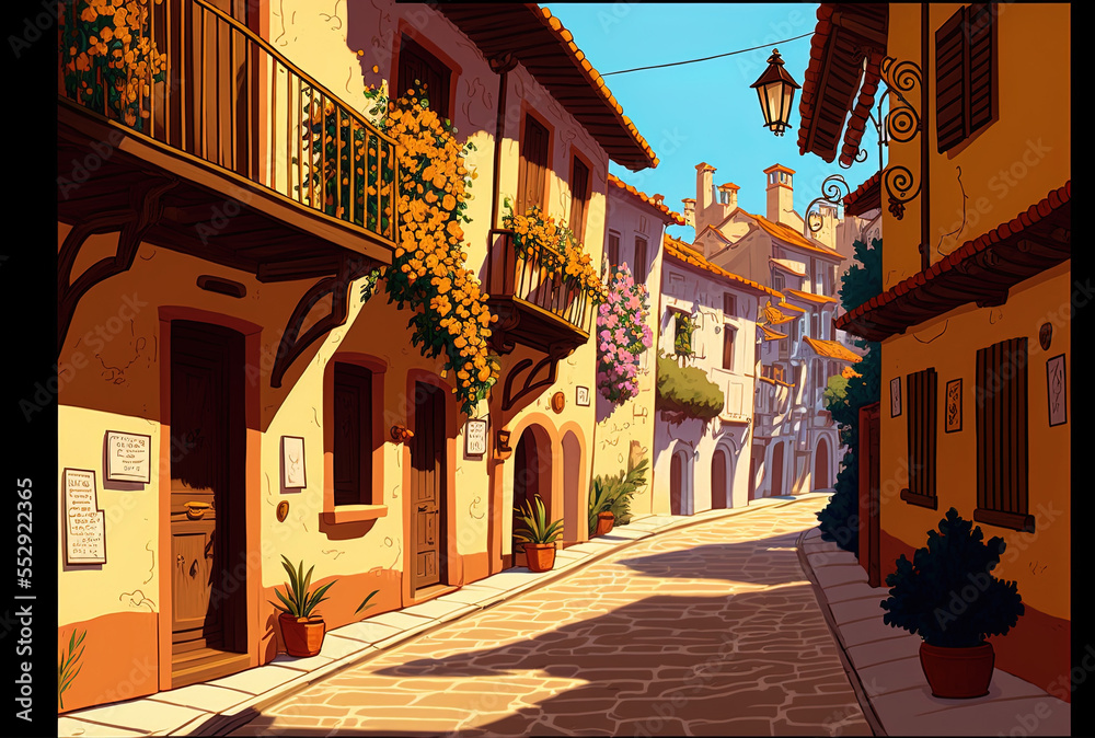 Sunny Old Spanish Town street. Generative AI