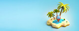 a paradise island in sea with palm trees in the ocean and a geo-location icon. 3D model concept geolinking an island and a place for travel and tourism on a turquoise background. Ai generated