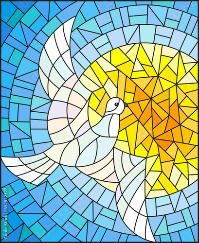 An illustration in the style of a stained glass window with a flying pigeon against the background of the sun and blue sky