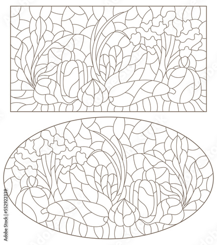 A set of contour illustrations in the style of stained glass with compositions of vegetables, dark contours on a white background