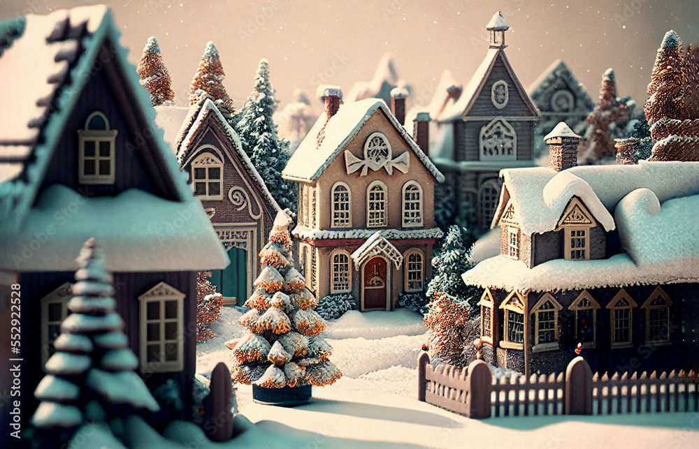 Christmas retro village with snow at winter. Christmas card landscape. Generative AI