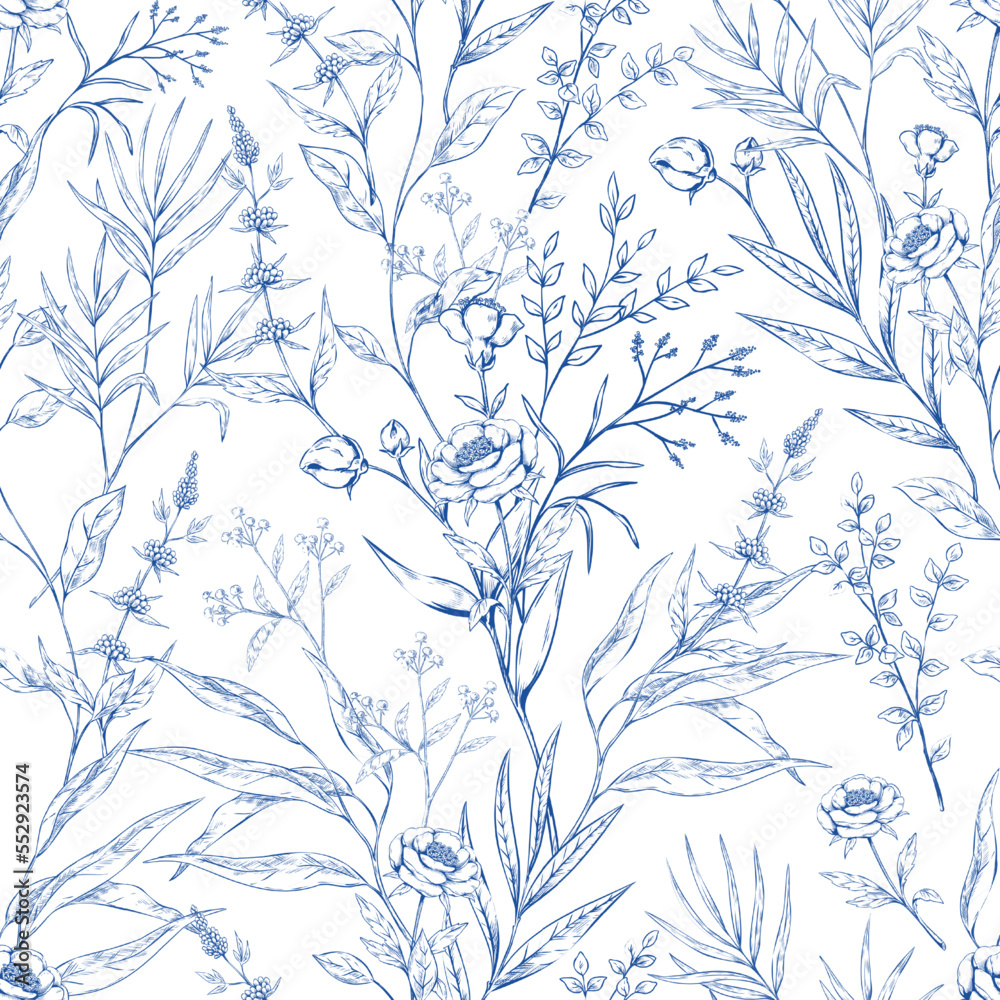 custom made wallpaper toronto digitalFlower pattern, floral bell drawing. Blue herb and leaf, classic beautiful garden ornament for fabric design, ink lines. Decor textile, wrapping paper, wallpaper. Vector seamless illustration