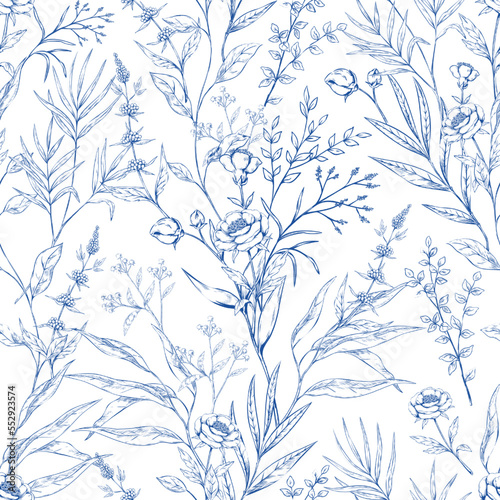 Flower pattern, floral bell drawing. Blue herb and leaf, classic beautiful garden ornament for fabric design, ink lines. Decor textile, wrapping paper, wallpaper. Vector seamless illustration
