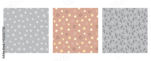 Simple star seamless pattern set, baby doodles gray colors. Childish kids graphic collection, abstract starry night textile, irregular freehand boy print, wrapping paper. Vector background