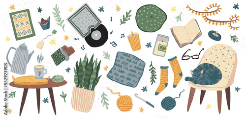 Coffee love. Winter comfort. Hygge collection. Read book. Cat on cozy armchair. Chocolate at home. Autumn tea. Warm drink cup. Pets and clothes. Wool socks. Vector cartoon illustration