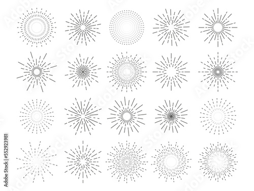 Firework icons, starburst or doodle explosion, sun shine, light flash, new year celebrate. Boom anniversary display, circles frames, congratulations line elements. Vector flat set