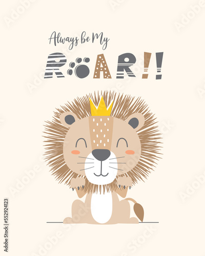 Hand drawn vector illustration of a cute lion wearing a crown. isolated object. perfect for kid's print.