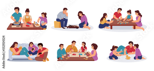 Home games. Chess and table gaming. Family cooking together. Children play puzzles. Kids dance and drawing with mother and father. House leisure activities set. Vector illustrations