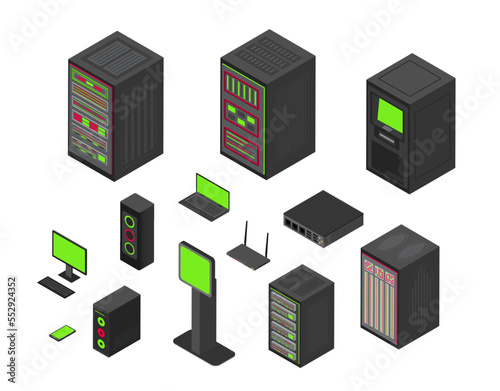 Isometric data server. 3d icons. Hardware network technology. PC center equipment. Router system. Datacenter and computer monitor. Audio speaker. Laptop or phone. Vector illustration set