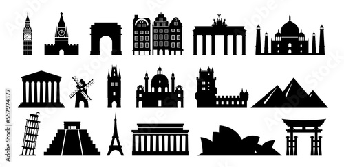 World travel. Famous architecture. Black silhouette buildings. Tourism around Earth. Towers and arches. Tourists signs. City landmarks. Temples and castles. Vector illustration set