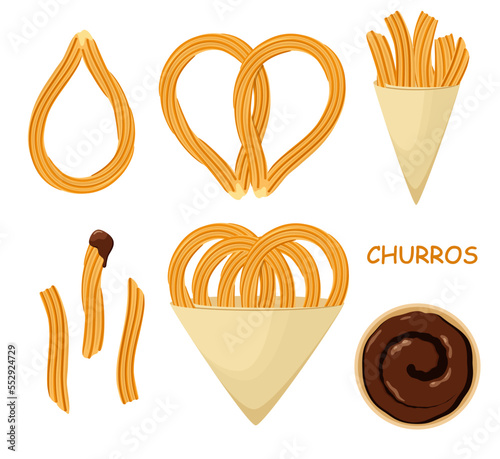 A set of churros on a white background. Mexican food.
