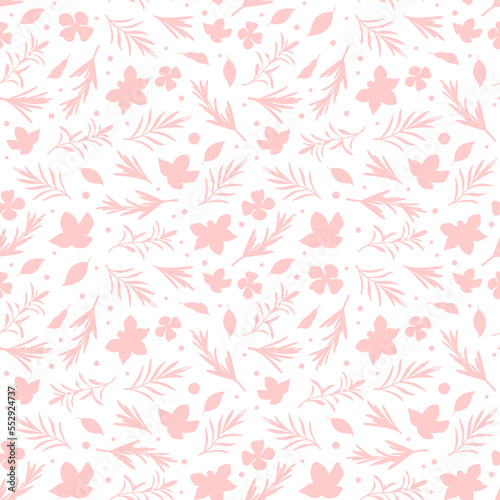 Seamless pattern with pink flowers and twigs on a white background. 