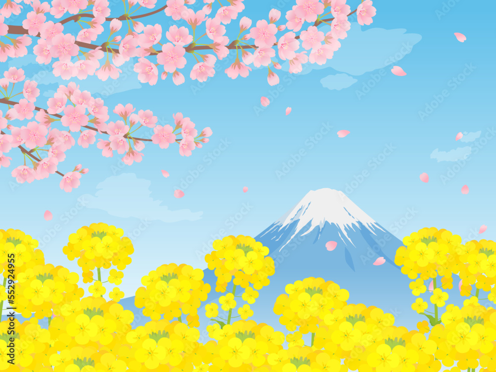 菜の花畑と桜と富士山の美しい風景_ベクターイラスト Stock ベクター