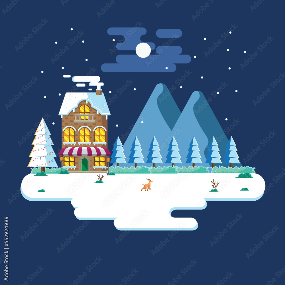 Winter landscape in the night with flat design illustration