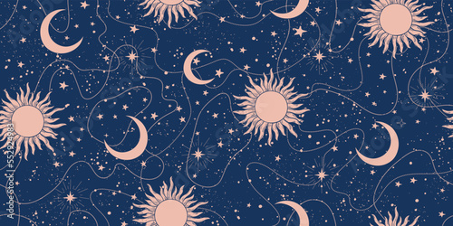 Seamless celestial background with stars, sun and moon. Blue seamless astrological pattern for tarot, boho ornament for zodiac. Vector Illustration.