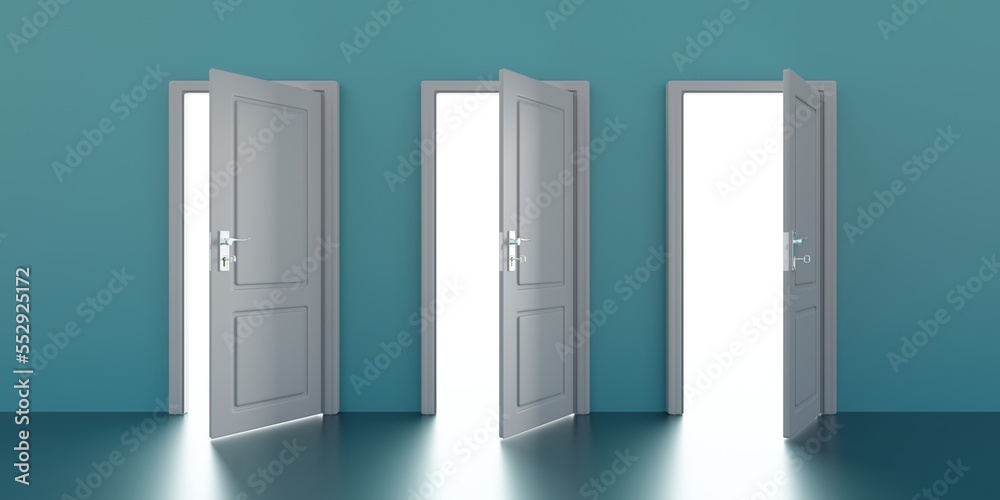 Three open door on blue green color wall background. Bright exit. 3d render - obrazy, fototapety, plakaty 