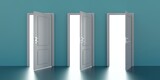 Three open door on blue green color wall background. Bright exit. 3d render