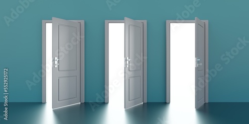 Three open door on blue green color wall background. Bright exit. 3d render