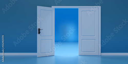 Double white door with one door leaf opened on blue color wall background. 3d render