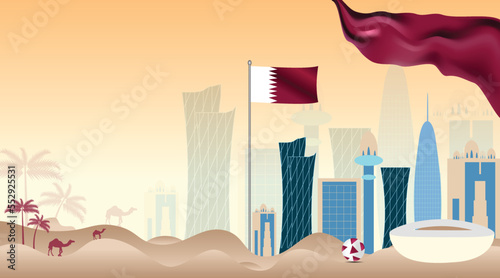 Qatar national day 18th December background and banner with maroon gradient abstract flag, Qatar Independence Day, Doha landmarks and skyline , stadium Illustration