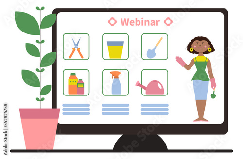 Gardening supplies and African-American female florist on screen of computer monitor against white background