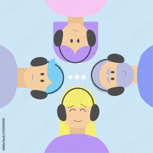 Group of people with headphones on light background