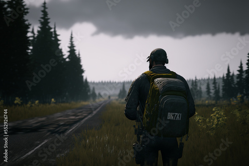 Soldier standing next to european train tracks in video game style made with Generative AI