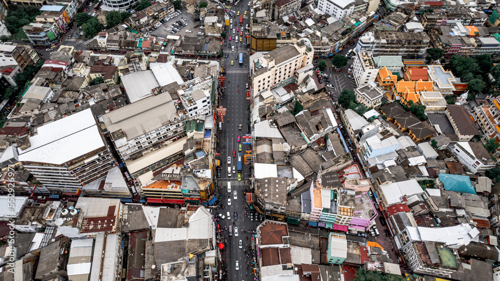 Aerial view of Chinatown Yaowarat street in BAngkok Thailand Aerial view of Chinatown Yaowarat street in BAngkok Thailand