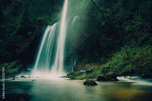 Beautiful scenery of the majestic  waterfall Digital art .