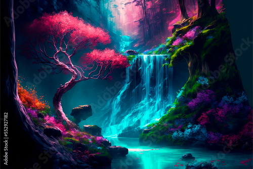 Beautiful scenery of the majestic waterfall,Digital art .