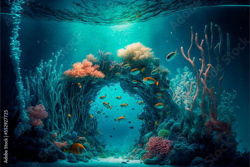 Coral reef and sea creatures,Digital art .