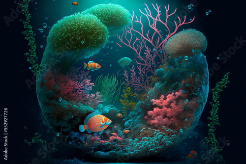 Coral reef and sea creatures,Digital art .
