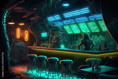 Wallpaper Mural digital painting of a cyberpunk bar idea. Generative AI Torontodigital.ca
