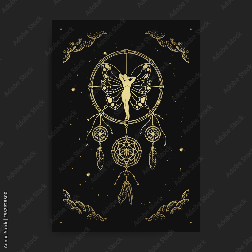 Fototapeta premium Dream catcher ornament with decorative fairies or butterflies