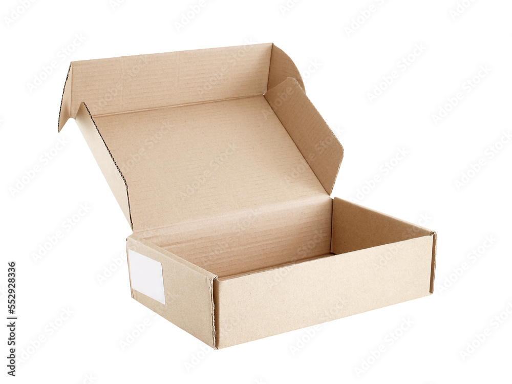 open empty flap brown beige carton box with blank information label or  price tag attached to side isolated on white background, cardboard parcel  box for packages delivery, recyclable paper packaging Photos