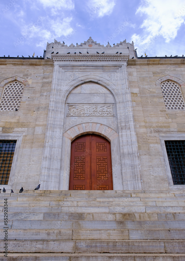 he door of the New Mosque in Istanbul and pigeons