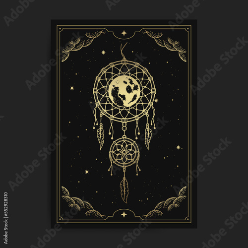 Moon dream catcher in hand drawing or engraving