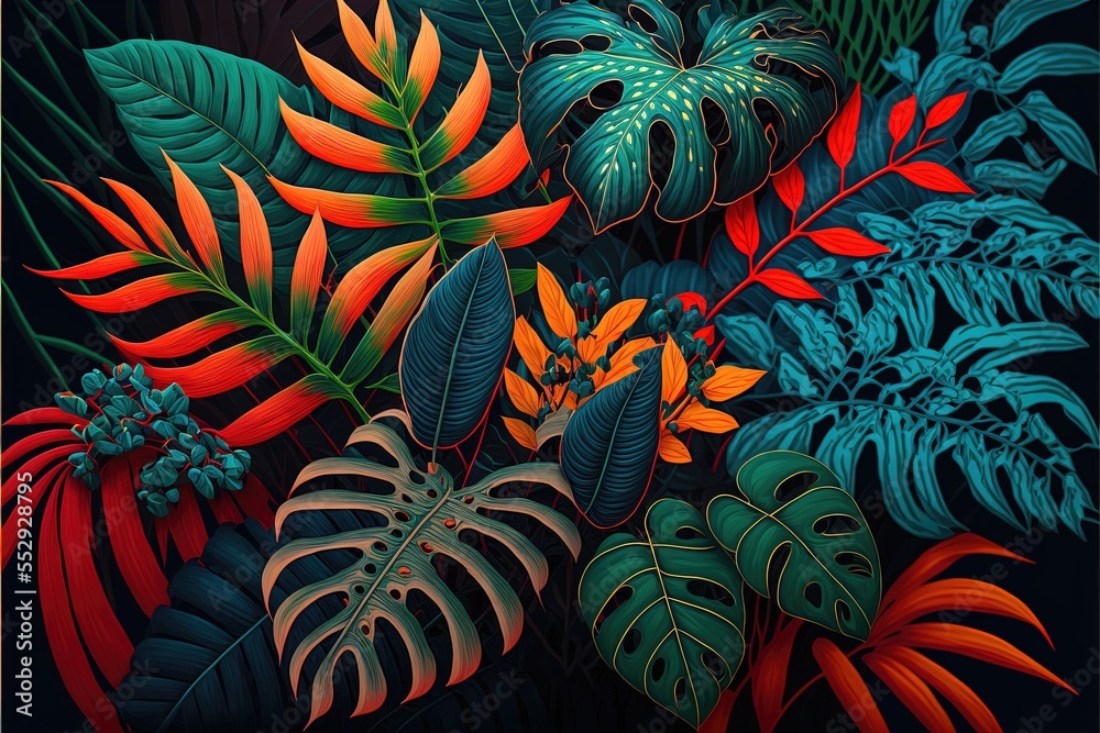 a painting of a jungle scene with tropical leaves and plants on a black ...