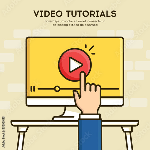 Video tutorials icon concept. Study and learning background, distance education and knowledge growth. Video conference and webinar icon, internet and video services. Vector illustration