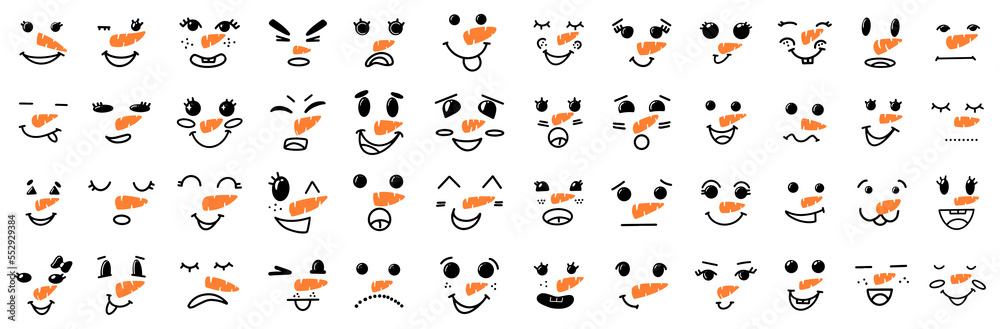 Vector big set of Cute Snowman Faces. Cute snowman faces - vector big collection. Cartoon Funny Doodle Snowman Head Face with Different Emotions Set. Winter Holidays, Christmas and New Year.