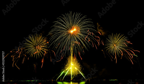 Firework display on isolated black background at Pattaya City. 