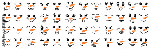 Vector big set of Cute Snowman Faces. Cute snowman faces - vector big collection. Cartoon Funny Doodle Snowman Head Face with Different Emotions Set. Winter Holidays, Christmas and New Year.
