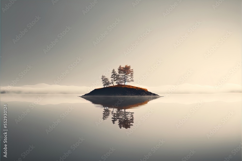 a lone tree is on a small island in the middle of a lake with fog in ...