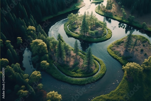  a river flowing through a lush green forest covered forest covered in lush green trees and grass covered in lush green grass. Generative AI photo