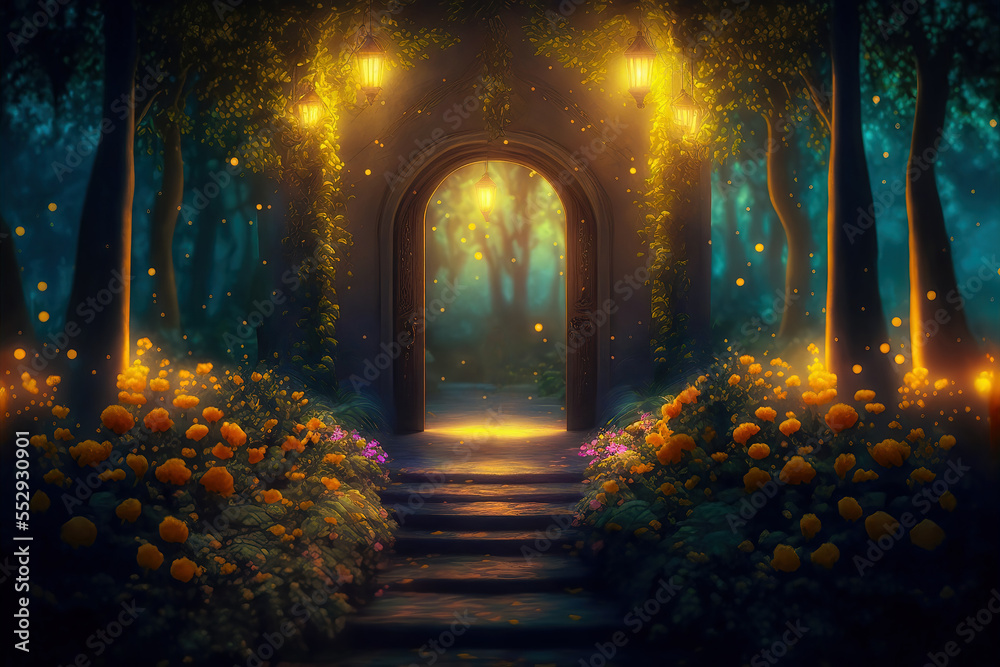 Generative AI : a magical mysterious garden lit by fireflies and lamps Generative AI : a magical mysterious garden lit by fireflies and lamps
