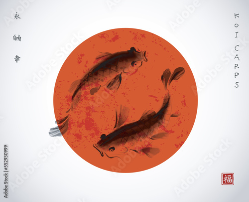 Two koi carps and big red sun, symbol of Japan. Traditional Japanese ink wash painting sumi-e. Hieroglyphs - eternity, freedom, happiness, well-being. Minimalist style