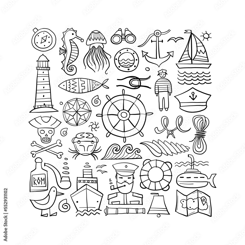 Nautical icons of navigator, ship and captain, lighthouse and sailor. Art background. Colouring style for your design