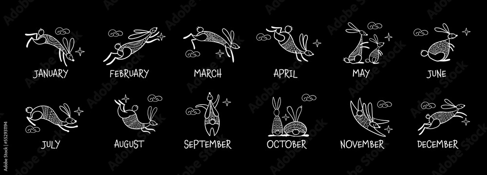 Calendar design. Happy chinese new year 2023 of the rabbit zodiac sign. Funny Bunnies concept art. Christamas background. Vector illustration Calendar design. Happy chinese new year 2023 of the rabbit zodiac sign. Funny Bunnies concept art. Christamas background. Vector illustration