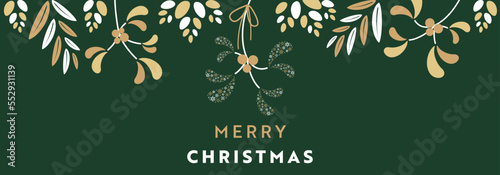 雪の結晶で作られたヤドリギをモチーフにしたクリスマスバナーフレームテンプレート（緑）　Christmas banner frame template featuring mistletoe made of snowflakes (green)
